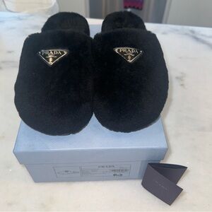 Prada Black Shearling Slipper Mules 37.5